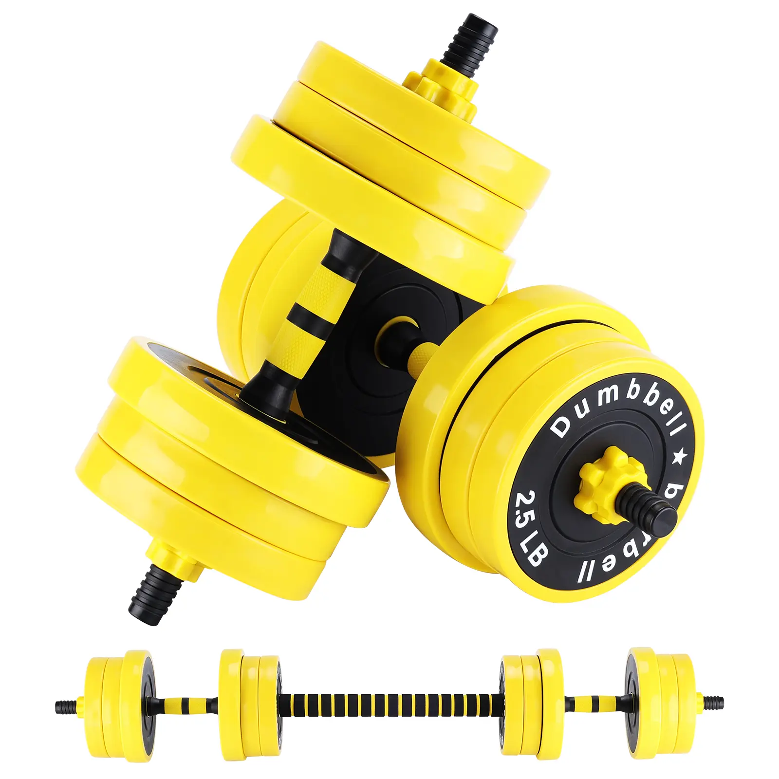 44 lb 2-in-1 Adjustable Dumbbell Set, Converts to Barbell, Black and Yellow, PE-Coated Iron Sand Fill, No Push-Up Handles