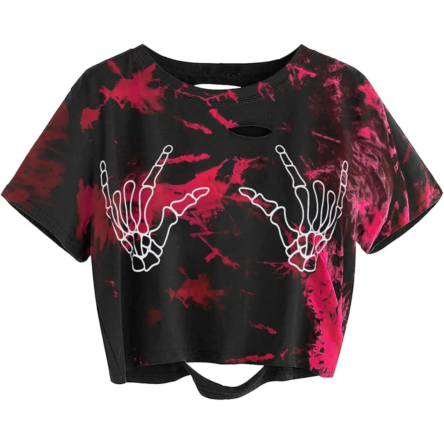 Women's Skull Finger Graphic Distressed Tie-Dye Tee - Ripped Short-Sleeve Oversized Cropped Tshirt, Casual Wear Streetwear Top (Gift Option)