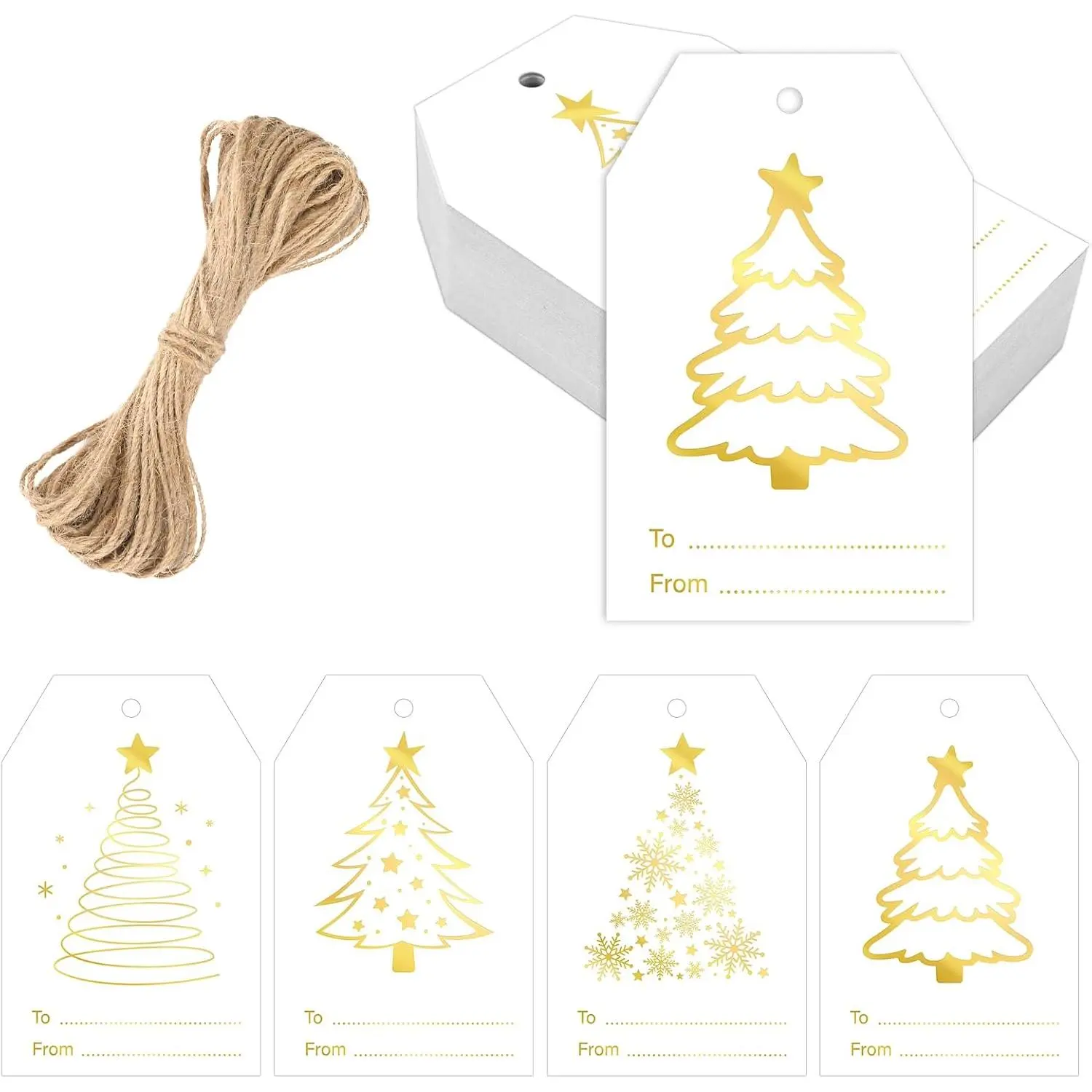 60 count Christmas Name  Tags - 3.3x2.1 in 4 Styles  Foil Christmas Tree Tags with String, White Paper to from Holiday Hangtags for  Wrapping, Bags, DIY Craft, Xmas Decor