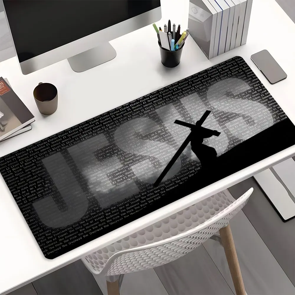 Jesus Cross Bible Verse Large Extended Gaming Mouse Pad, Black White Religious Scripture Text Desktop Protector, Smooth Surface Non-Slip Rubber Lock Edge HD Print, Suitable for Gaming, Office & Gift for Family Friends Colleagues