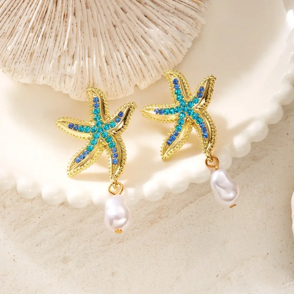 Women's Gold Starfish Drop Earrings - Luxury Ocean Animal Statement Jewelry, Versatile Evening Party Bag Charm Accessory