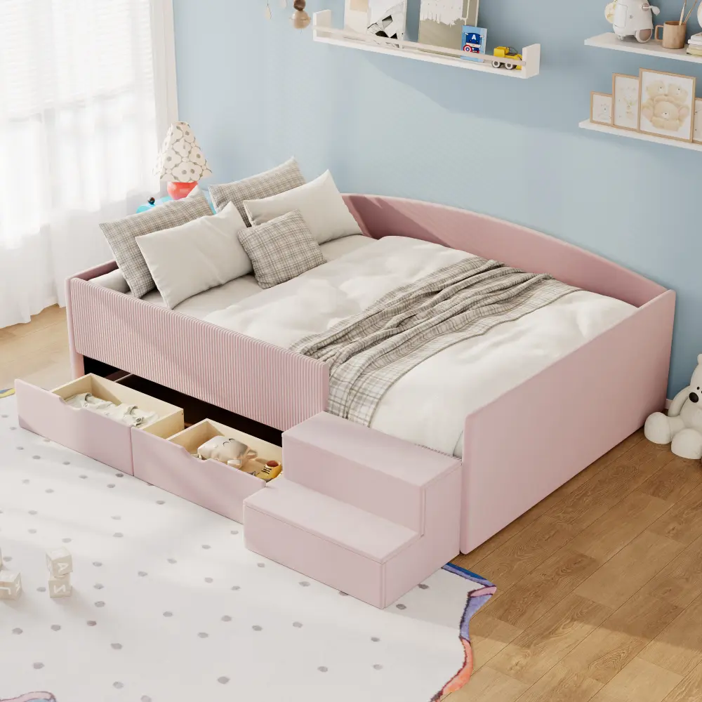 Upholstered Daybed with 2 Storage Drawers, Twin Full Daybed Frame with Corduroy Velvet Fabric, Modern Platform Bed for Kids Bedroom Guest Room, Space Saving Bed with Wooden Slats, Beige Gray Pink