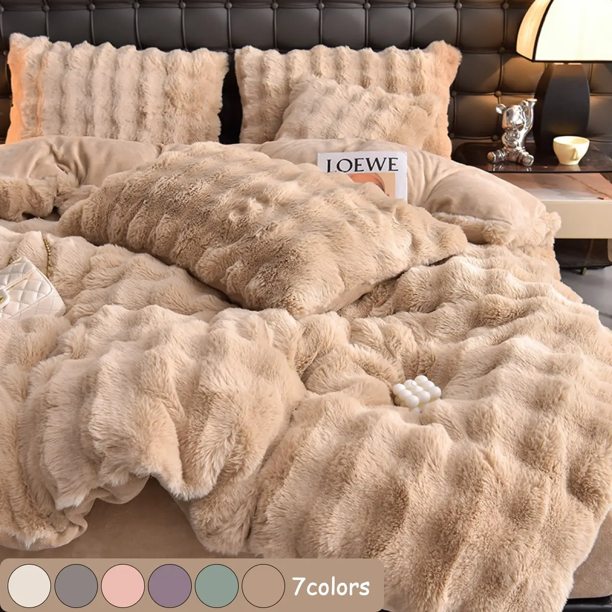 Plush Faux Rabbit Fur Duvet Cover Set, Elegant Solid Color Comforter Cover and Pillowcase Set, 3-Piece Bedding Including 1 Duvet Cover and 2 Pillowcases, Soft Warm All-Season Home Decor for Bedroom, Apartment and Dorm, Comforter Not Included