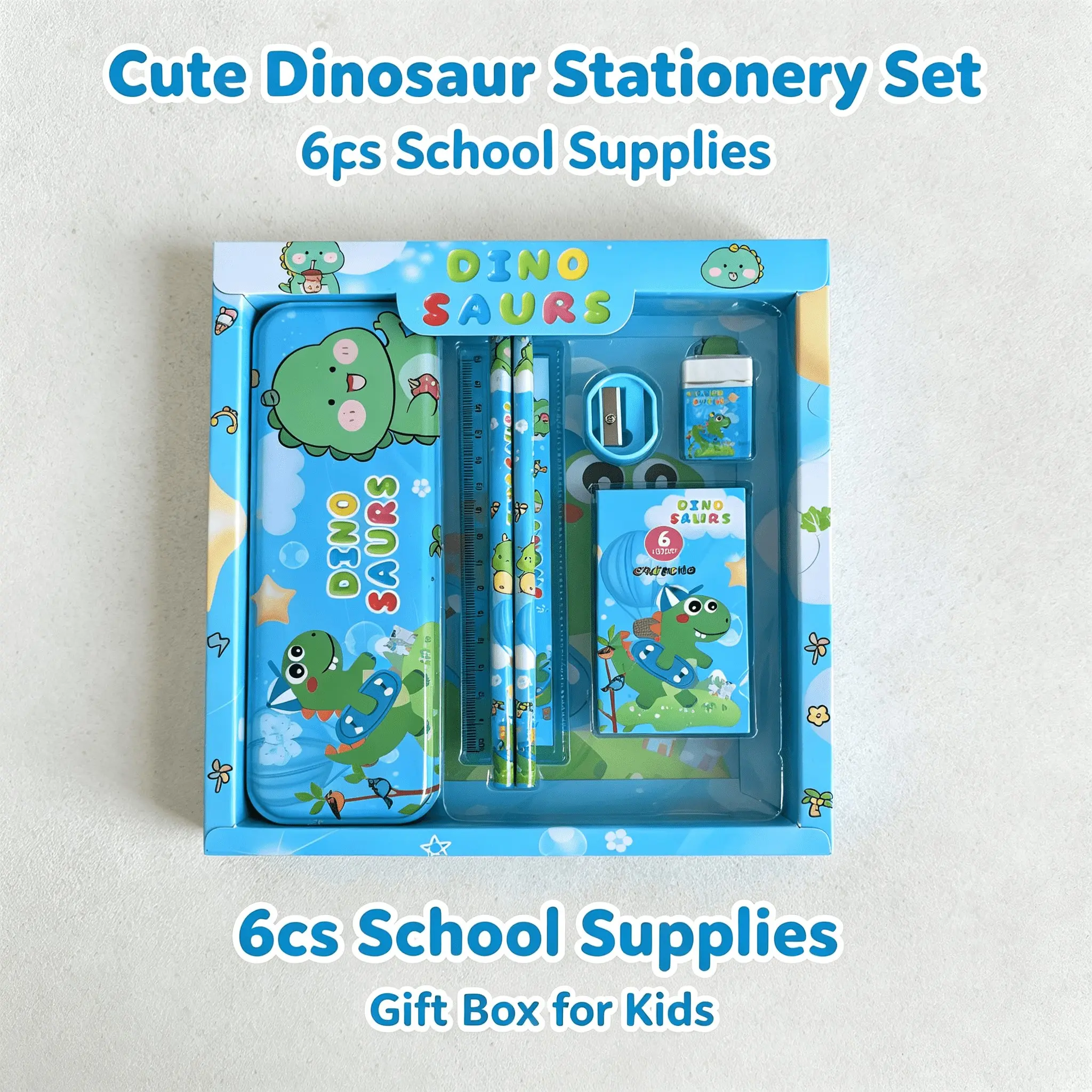 Dino Saurus Cartoon Dinosaur Theme Kids Stationery Set, 6-Piece Writing Tools, Blue Q-Version Design, Ideal for Back-To-School Gifts