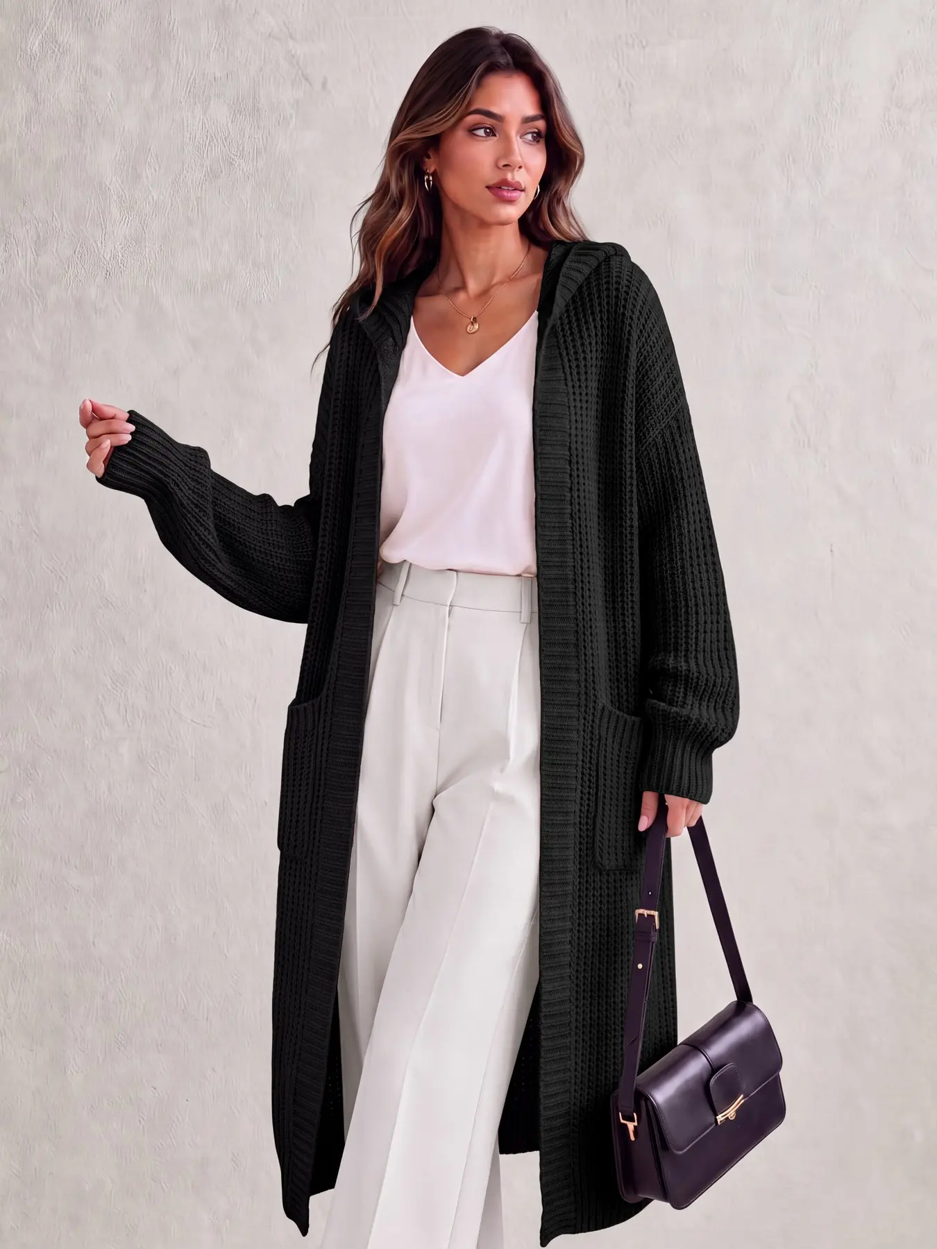 Hooded Long Knit Cardigan for Women, Open Front Chunky Knit Oversized Sweater Coat With Side Pockets, Fall Winter Casual Daily Layering Outerwear
