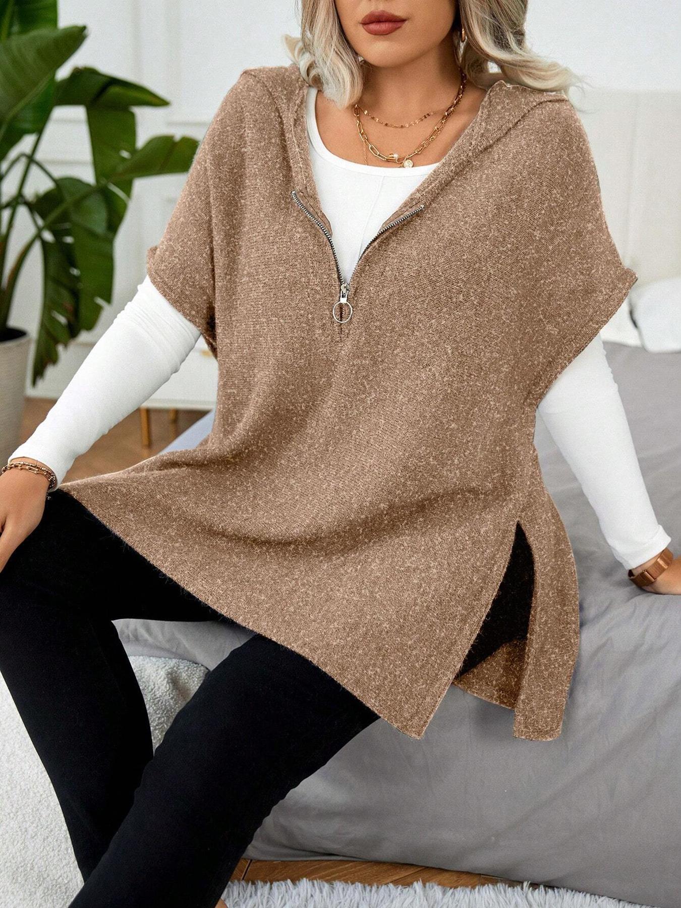 【Plus Size】 Women's Solid Half Zip Up Hooded Sweater, Casual Split Hem Jumper for Spring & Fall, Fashion Women's Knitwear for Daily Wear