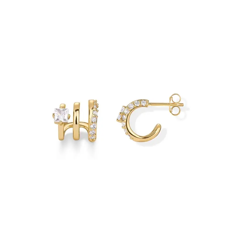 14K Gold Plated Triple Hoop Earrings for Women, Cubic Zirconia Segment Huggie Studs with Sterling Silver Posts, Sparkling Statement Jewelry Gift