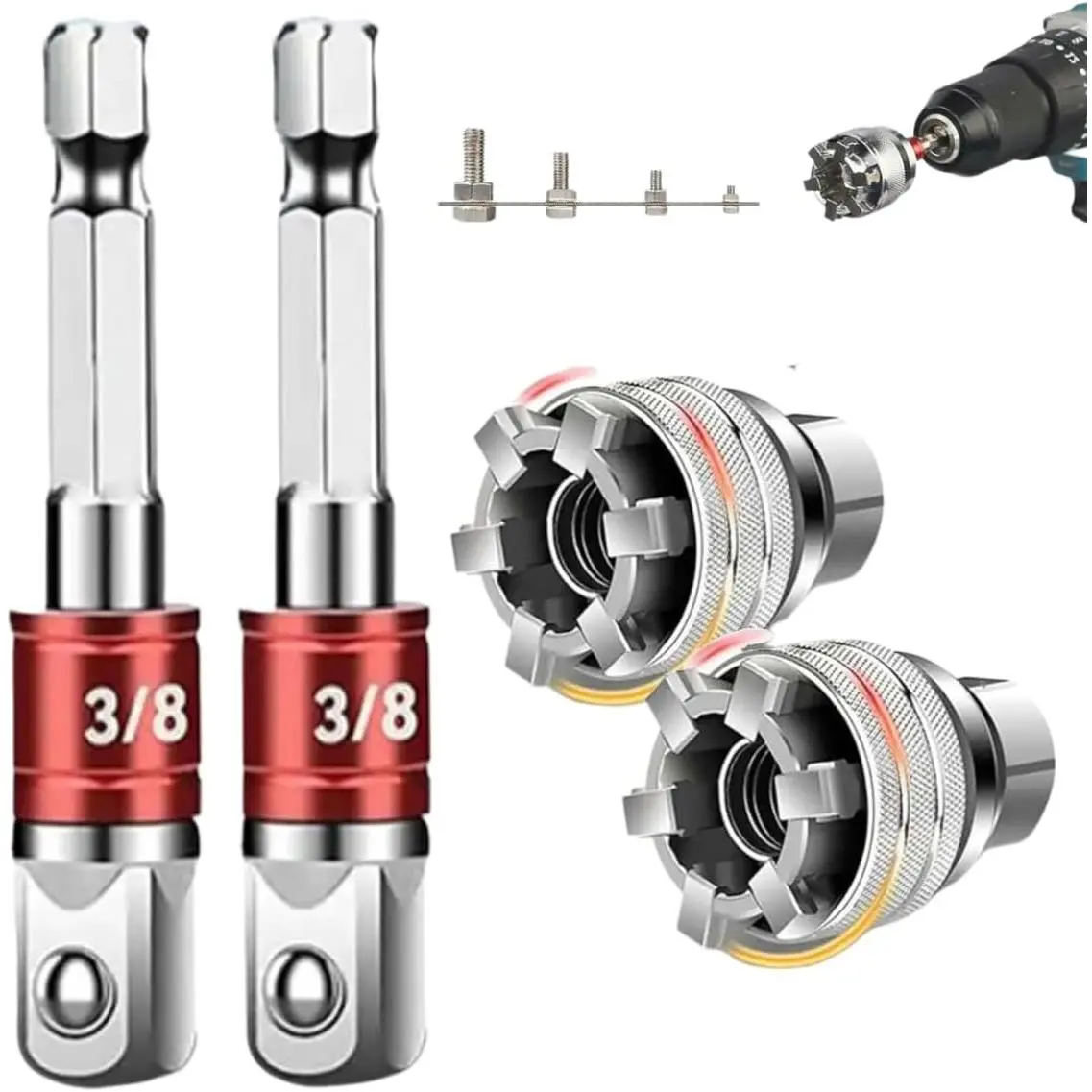 2PCS Adjustable Wrench Sets - Multifunctional Socket Wrench Work Tools with Universal 10mm-19mm Grips, Hex Drill Adapters, Socket Combination Tool for Damaged Bolts & Nuts, Truck Maintenance