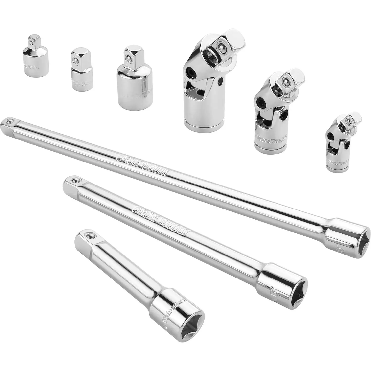 9 PCS Accessory Set, Includes 3/8" Drive Extension Bar Set, 1/4", 3/8" & 1/2" Drive Joints and, Chrome Vanadium with Mirror, Chrome Plated