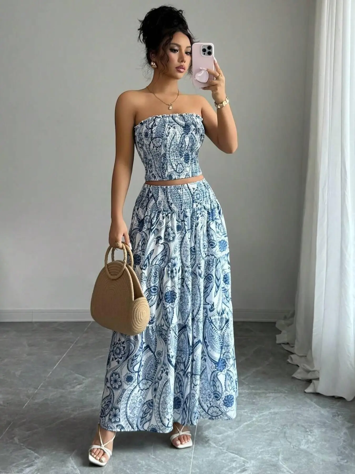 Women's Full-Body Print Strapless Casual Elegant Beach Wedding 2-Piece Set, Summer Style Top and Skirt Combo, Outfit, Elegance