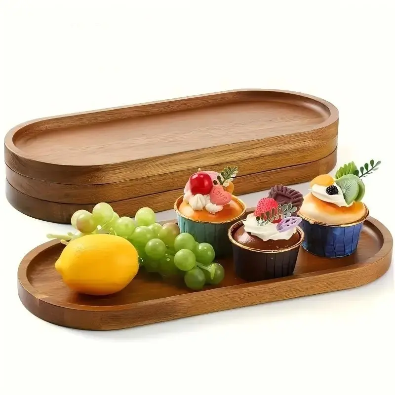 A set of 4 anti-slip wooden grid serving trays, Trays for eating, suitable for breakfast, coffee, tea. Rectangular design with grooved handles, easy to carry. Kitchen storage tray holds food, snacks, beverages, desserts