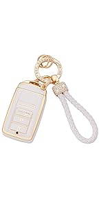 for Acura Keychain Bling Gold White Key Fob Cover Soft TPU Full Protection Smart Key Fob Case Fit for Acura CDX RDX RLX TLX TLX-L ILX NSX 4 Buttons Remote Smart Key Protector (R-ACU-W)