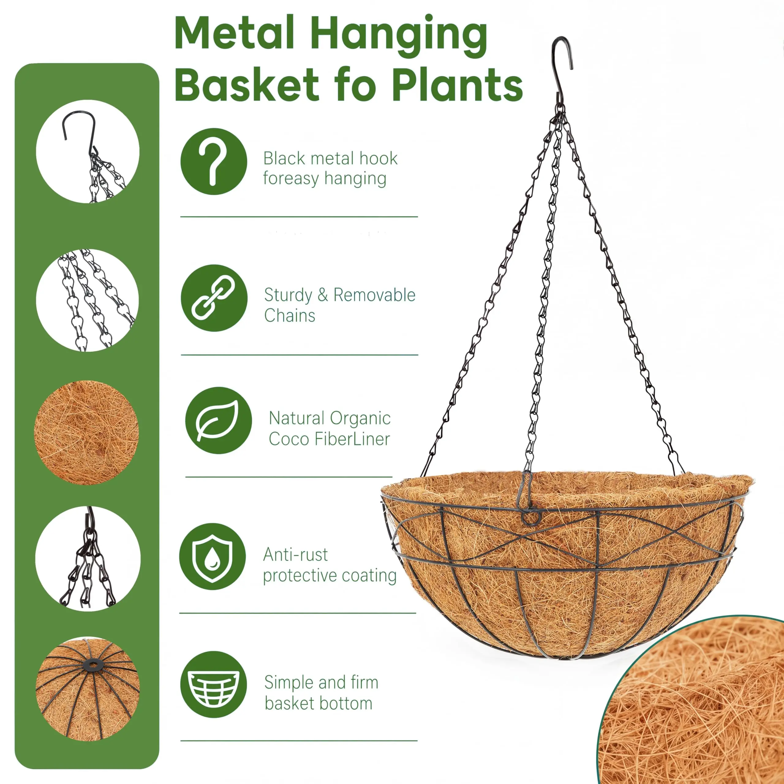 Garvee Durable Metal Hanging Planter with Coco Liner - Round Chain Basket for Outdoor & Indoor Plants - Ideal for Garden, Patio, Porch, Balcony Decoration - Sturdy Decorative Flower Pot