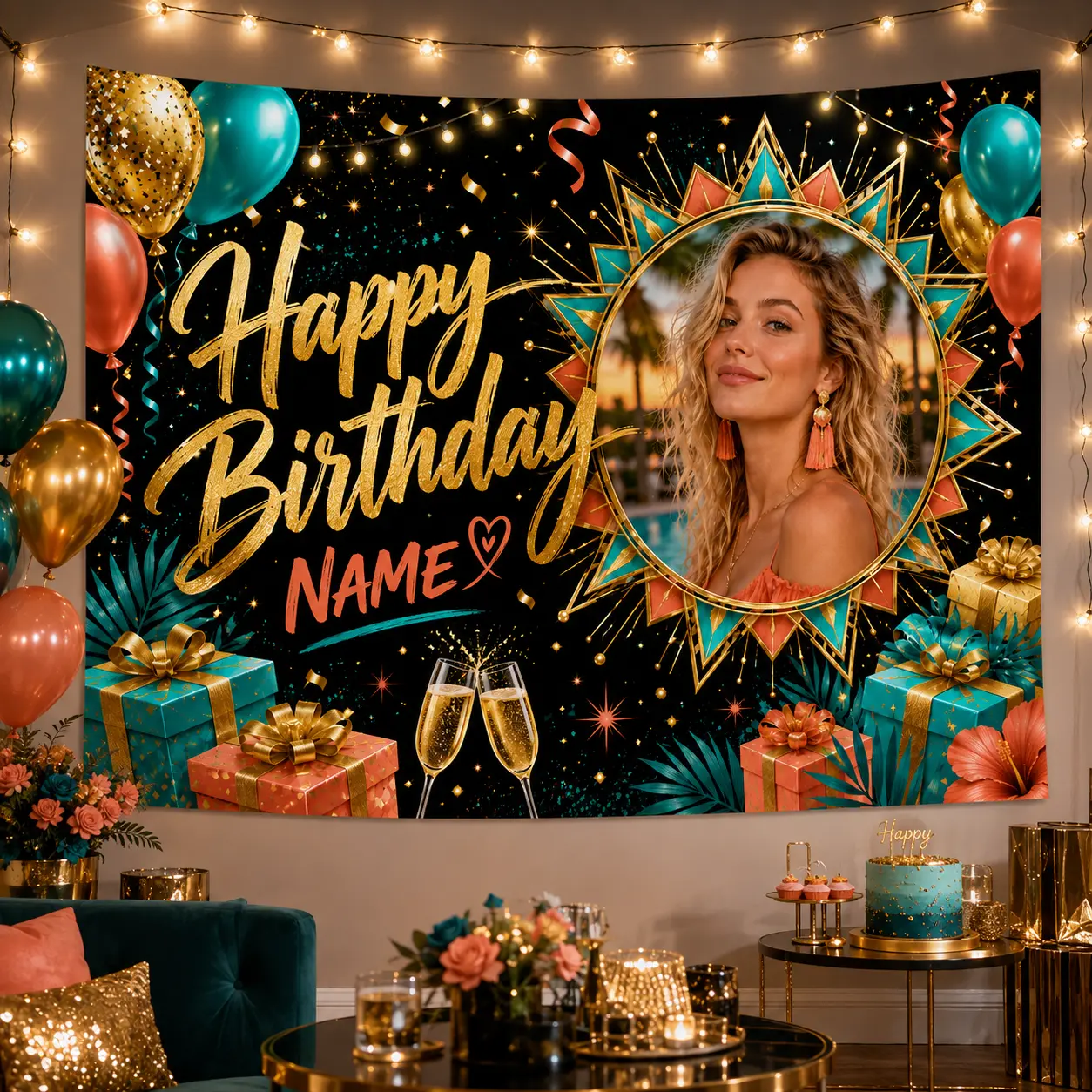 Custom Black Gold Birthday Backdrop Personalized Photo Banner Luxury Adult Party Decoration Elegant Wall Tapestry