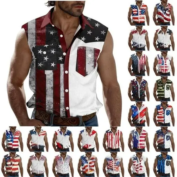 Men's Patriotic American Flag Print Sleeveless Button-Up Vest - Collared Neck, Lapel, Knot-Accent, Moisture-Wicking, Vintage, Muscle-Fit, Polyester Blend, Tribal Touch, Patriot Pride Top, Country Western Casual Style, Size M, Sleeveless Tops
