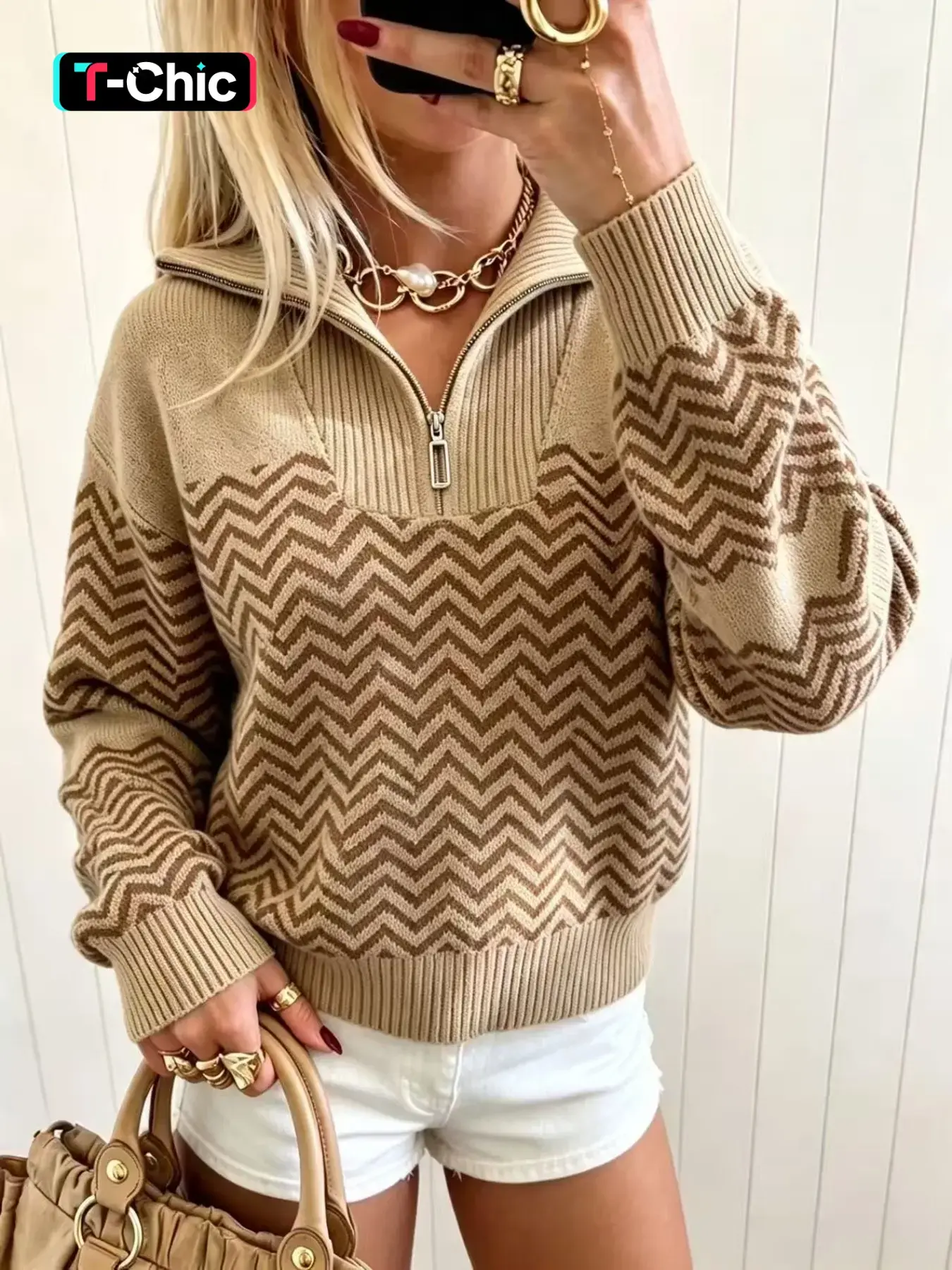 Women's Striped Print Zip Up Drop Shoulder Sweater, Casual Long Sleeve Jumper for Fall & Winter, Fashion Ladies' Knitwear for Daily Wear, Knitwear Top