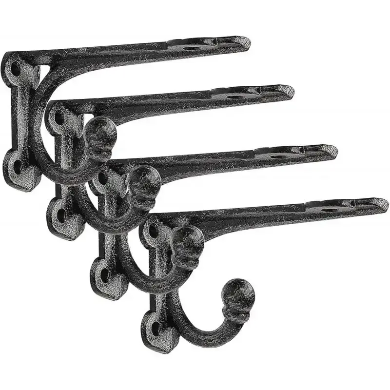 Cast Iron Shelf Brackets 4 Inch, 4 Pack Black Rustic Shelf Brackets with Hooks, Heavy Duty Floating Brackets Wall Mounted, Decorative Brackets for Wood Shelves-L-L