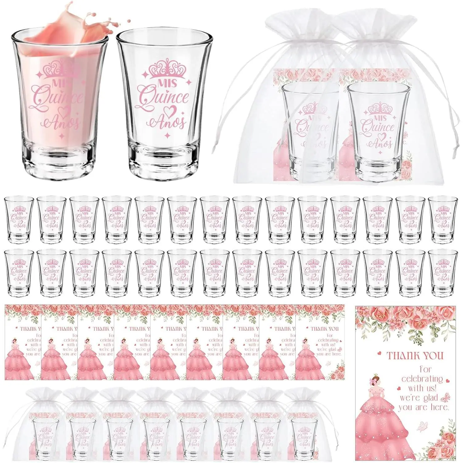 50 Sets Quinceanera Favors for Guests Quinceanera Clear Acrylic Shot Thank You Cards Organza Bags Mis Quince Anos Sweet 15 Birthday Supplies