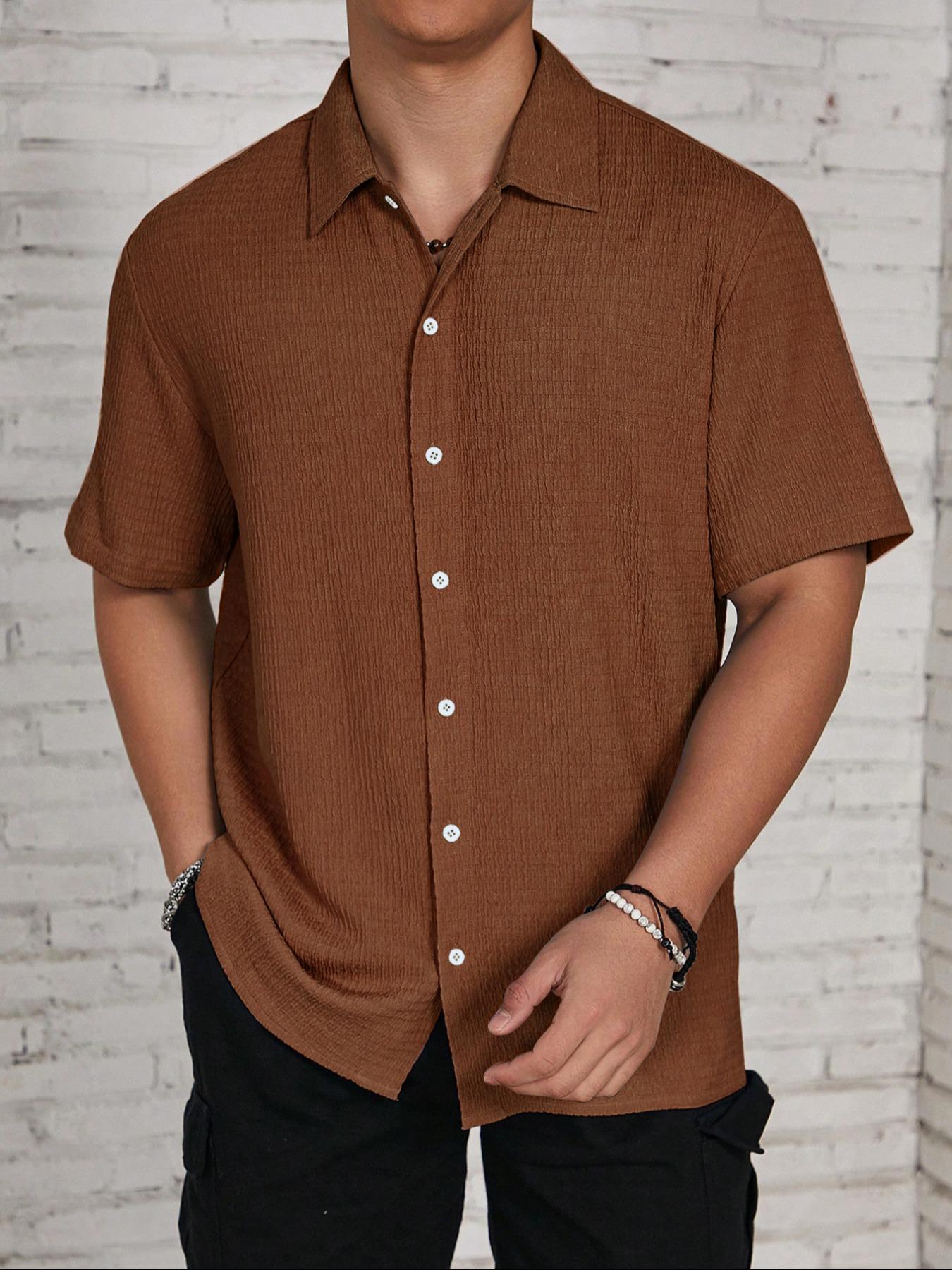 Men's Textured Button Front Shirt, Casual Regular Fit Short Sleeve Collared Top for Summer, Summer Leisure Top 2024, National Day Clothing, Men's Clothes for Daily Wear