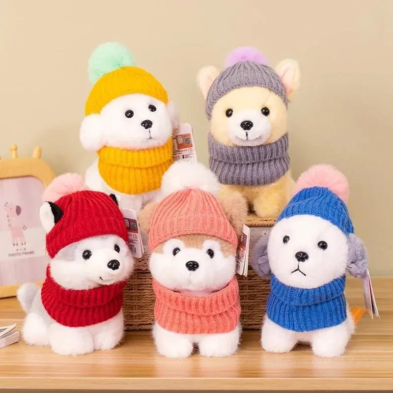 New Kawaii 20cm Winter Dog Wear Clothes and Hats Simulation Dog Husky Fa Dou Poodle Plush Toy Stuffed Animals Decoration