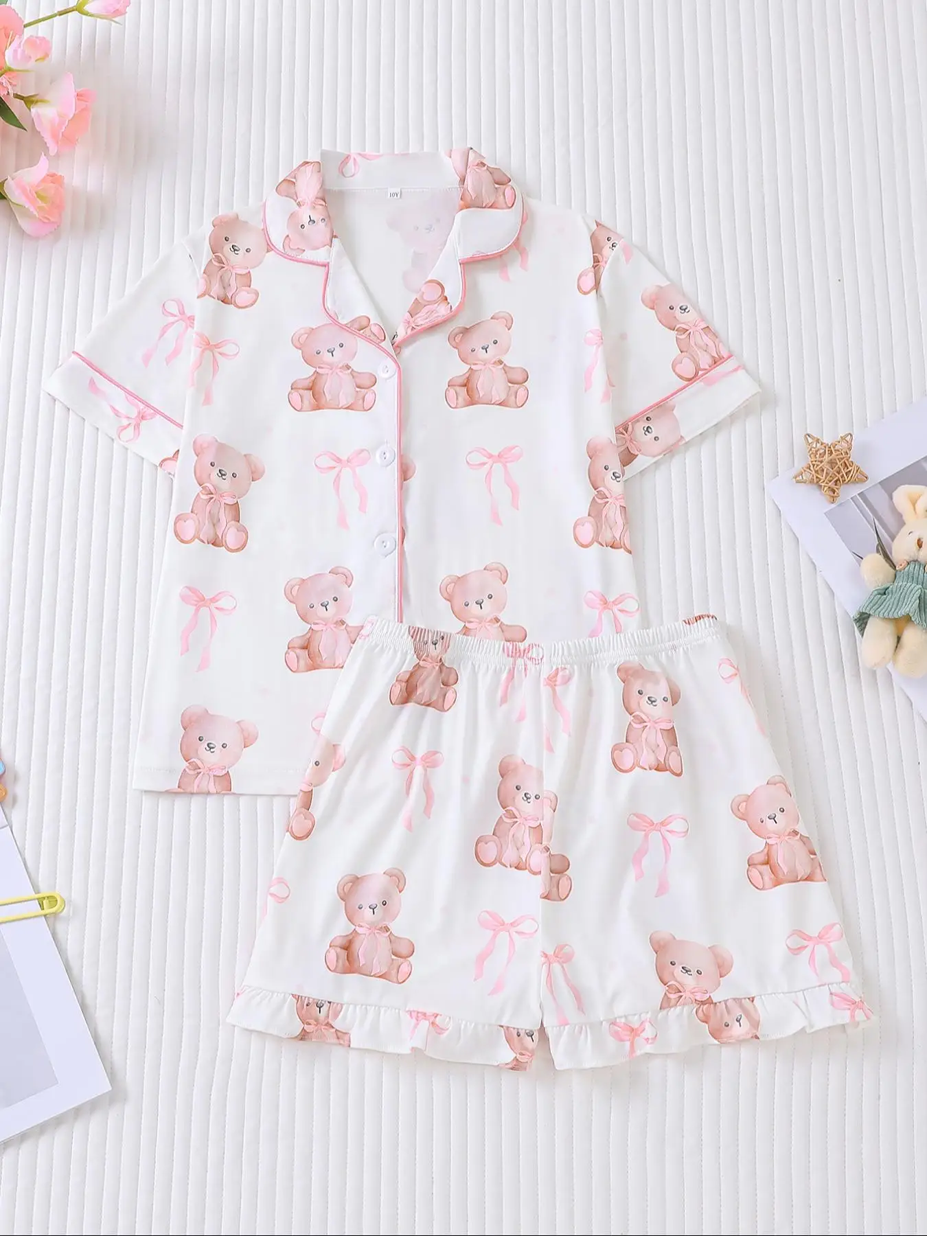 Girl's Cartoon Bear Print Shirt & Shorts Pyjama Two-piece Set, Cute Comfy Short Sleeve Top & Shorts Pj Set, Kids Sleepwear for All Seasons
