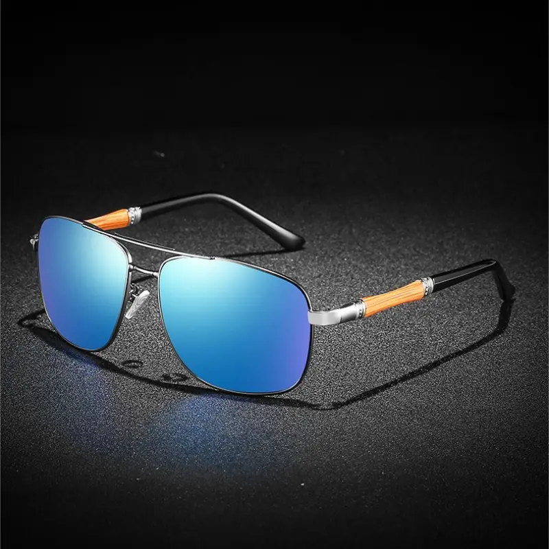 Square Aviator Polarized Sunglasses for Men Women, Gunmetal Frame with Ice Blue Mirrored Lenses and Two-Tone Wood Temples, Retro Double-Bridge Outdoor Shades for Driving, Fishing & Beach Vacations