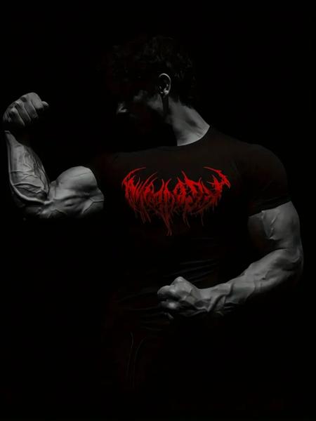 Gothic Men's Black Fitness T-Shirt, Bodybuilding Fitness Tee - Spine Wing Design, High-Elastic Slim Fit Sports Top, Durable Shaping Gym Wear for Training, Workout & Casual Style, Breathable Stretch Fabric, Gothic Gym Shirt for All Sport Scenes