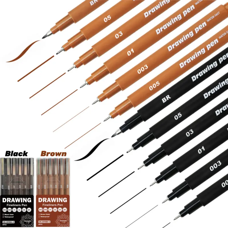 Fine Line Drawing Pens Set, 6Pcs Black/Brown Micro Fineliner Ink Pens, Waterproof Archival Liners for Sketching, Journaling, Illustration, Anime and Watercolor Art, Drawing Supplies Kit, Artist Supplies