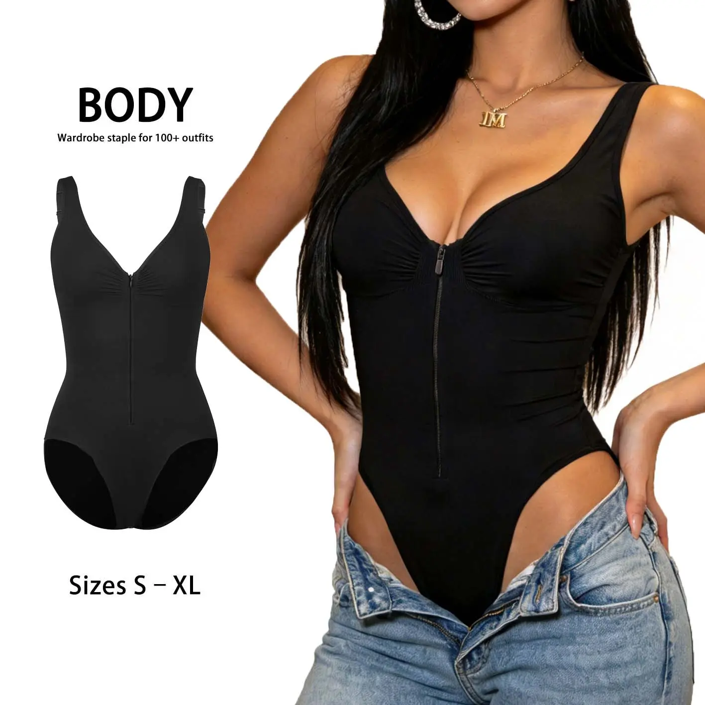 Women's Front-Zip Seamless Shapewear Bodysuit - Mid Waist, Sweetheart Neck, Adjustable Straps, Tummy Control, Hourglass Compression, Breathable, Lightweight Swimsuit for Valentine's Day, Fantasy Occasions