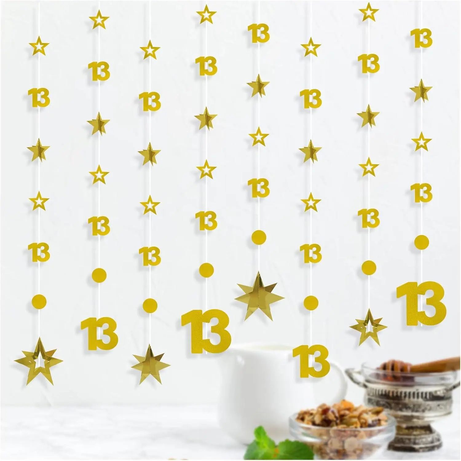 13th Metallic  Party Decor Set, 8 count Number 13 Banner |   Circle Dot Streamer Supplies, Thirteen Birthday Decor for Girls Anniversary