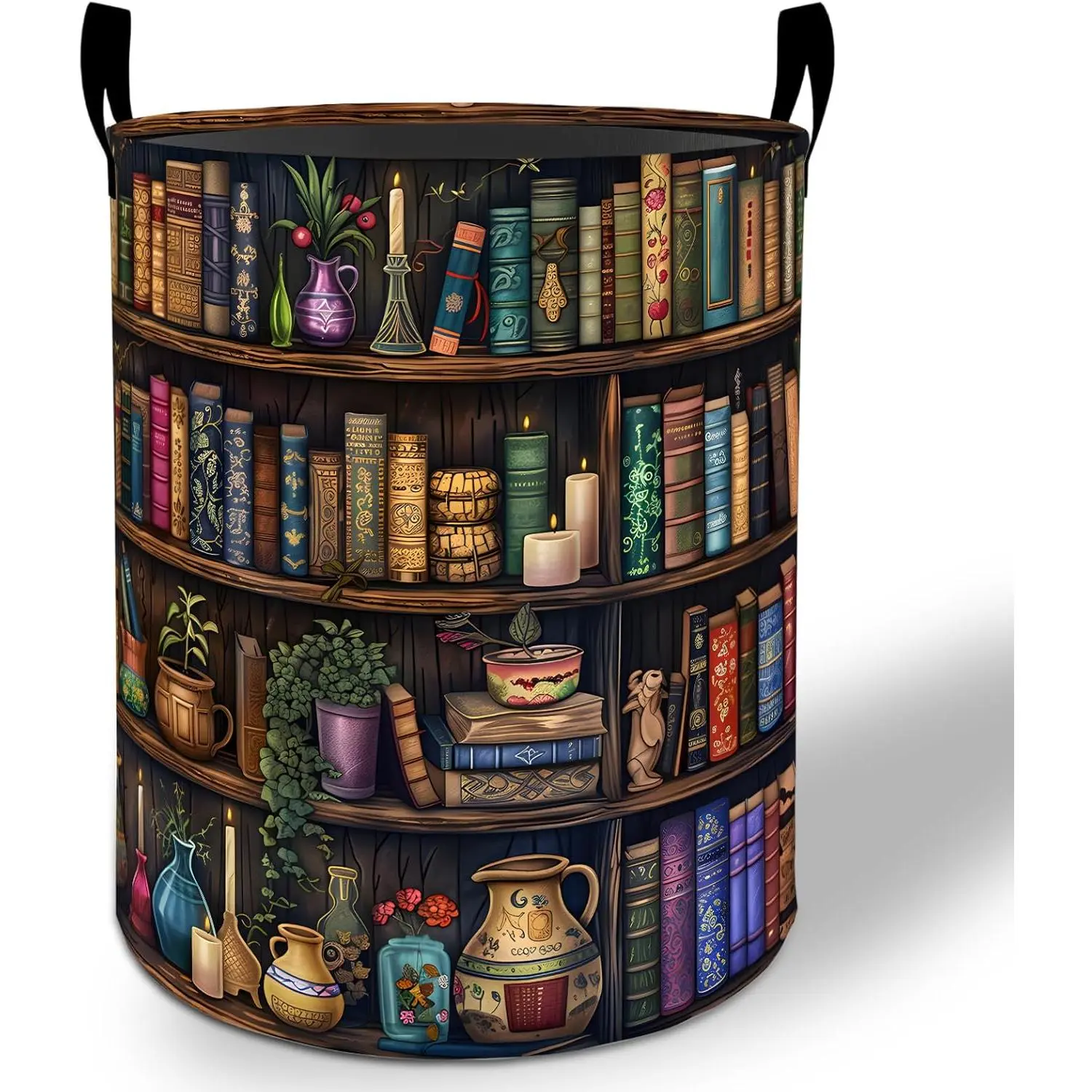 Bookshelf Laundry Basket Hamper 19.7"x15.8", Retro Library Foldable Waterproof Oxford Clothes Storage Bucket for Room Bathroom Bedroom Nursery Decor, Toy Organizer Bins Gifts for Kids Boys Girls