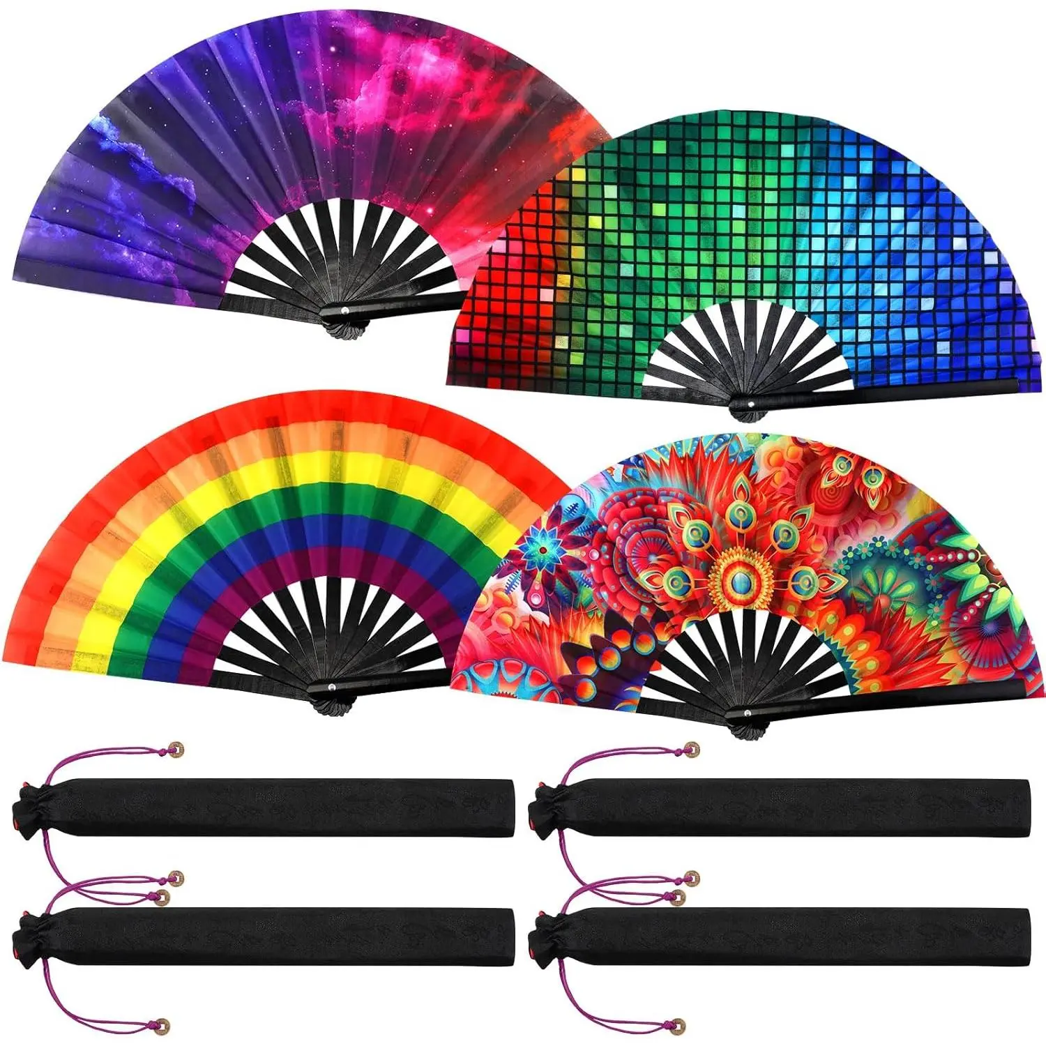 4 Pack UV Glow Large Rave Fans, Folding Hand Fans for Line Dancing Poping Fan Rave Outfit Accessories for Festival Edm, 4 Styles, 25"(Rainbow)