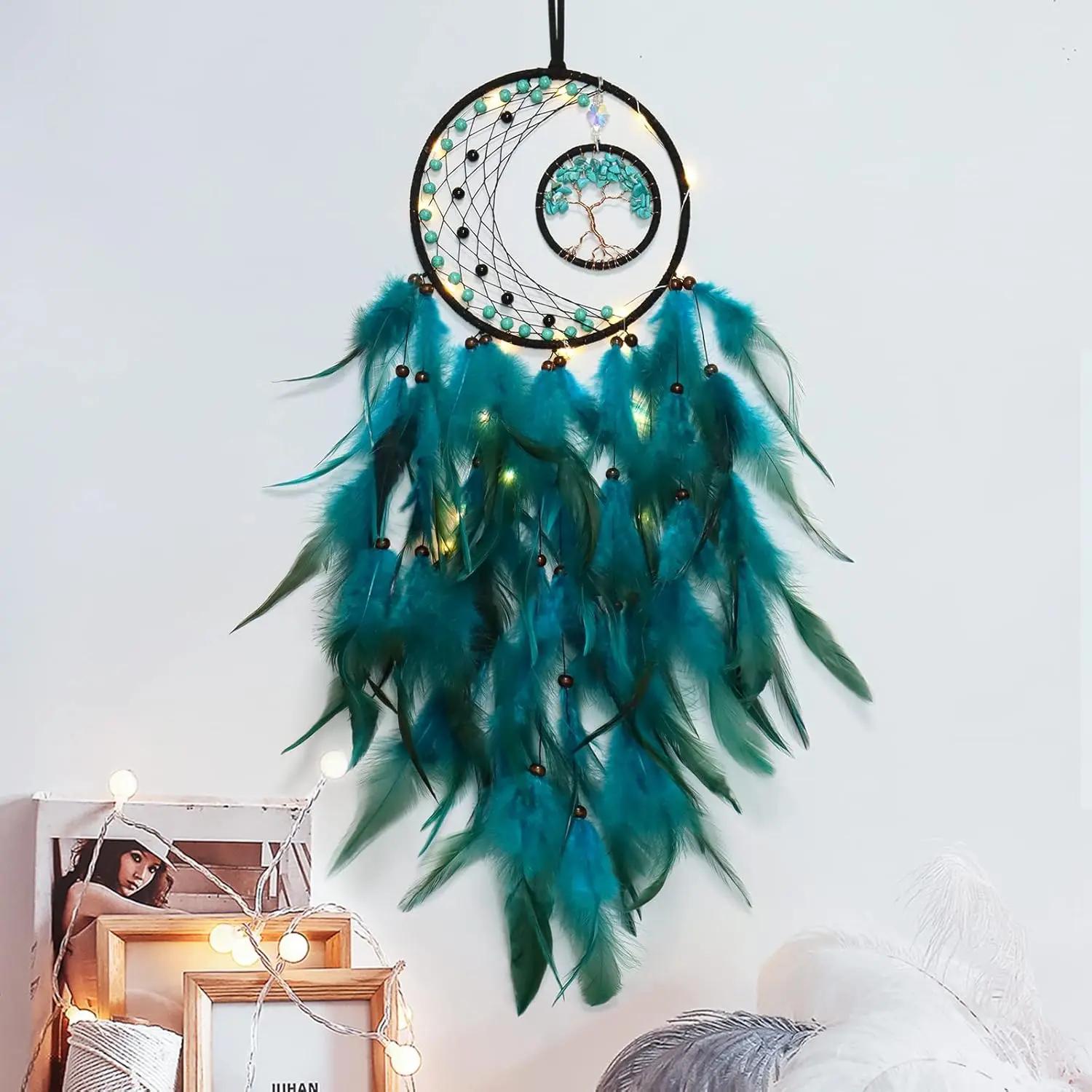 LED Dream Catcher Light Up Tree of Life Dreamcatcher with   Stone   Wall  for Bedroom Bohemian  Decor Wedding Ornament Craft  (Blue&Green)