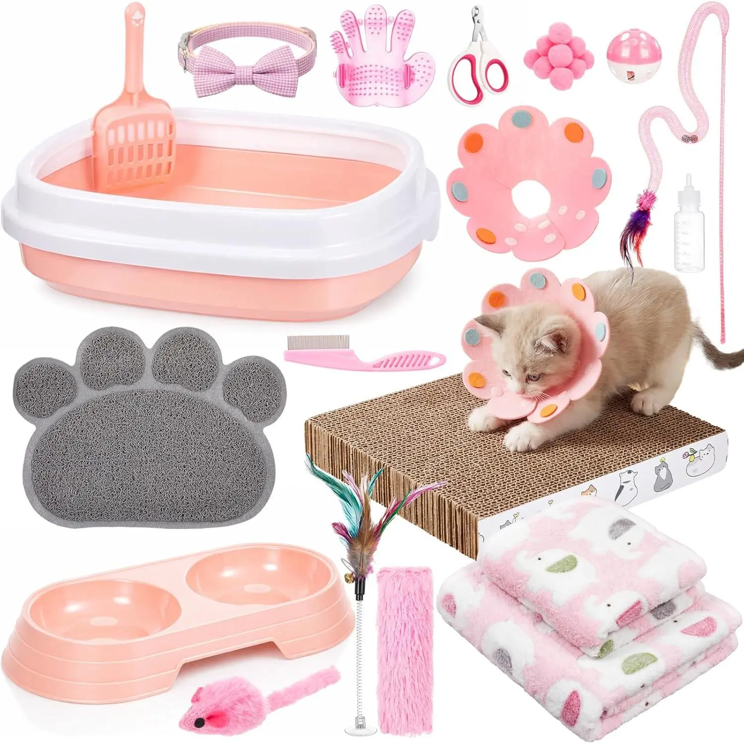 Leitee Kitten Starter Kit, 28 Pcs Cat Kitten Starter Kit Cats Essentials Set Includes Litter Box with Shovel, Toy, Paw Litter Mat, Collars, Nail File, Cat Bottle, Blanket for Kittens Supplies(Pink)