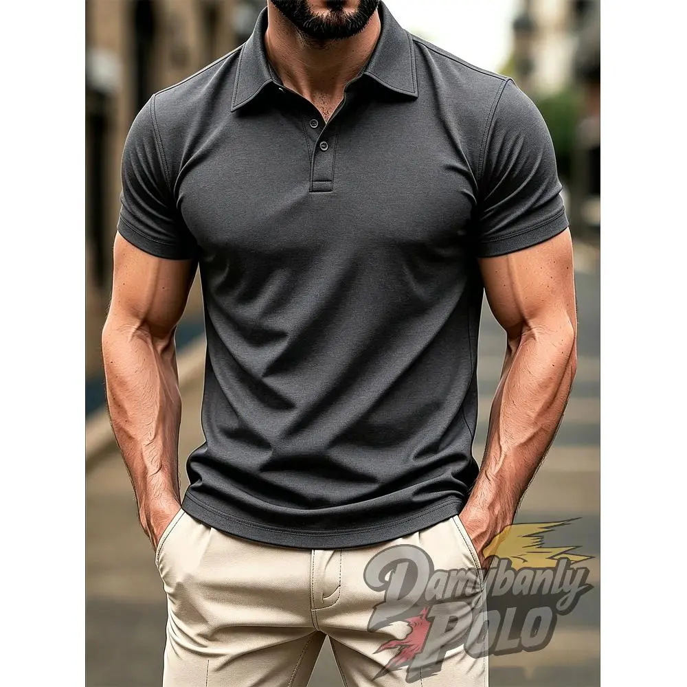 Damybanly Men's Fitted Herringbone Tactical Polo Shirt, Short Sleeve Stretch Top for Golf and Casual Wear, M, Button Front