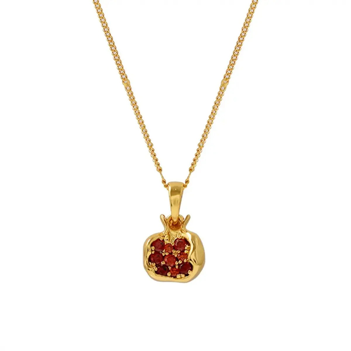 Cubic Zirconia Red Pomegranate Pendant Necklace - 18K Gold Plated Stainless Steel Jewelry for Women, Premium Design Elegant Ruby-Red Gemstone Gift
