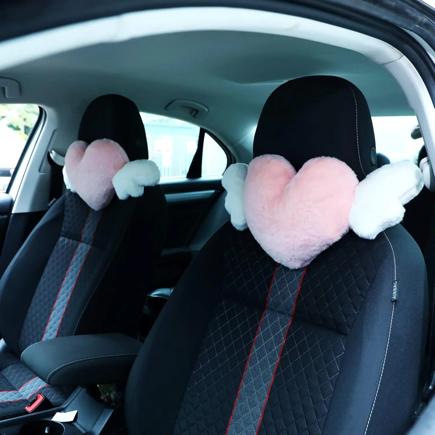 2 Pcs Plush Heart Shaped Pillow with Angel Wings Car Headrest Soft Comfortable Seat Pillow for Driving Travelling Room Office Car Decor, 19.7 x 8.3 Inch(White, Pink)