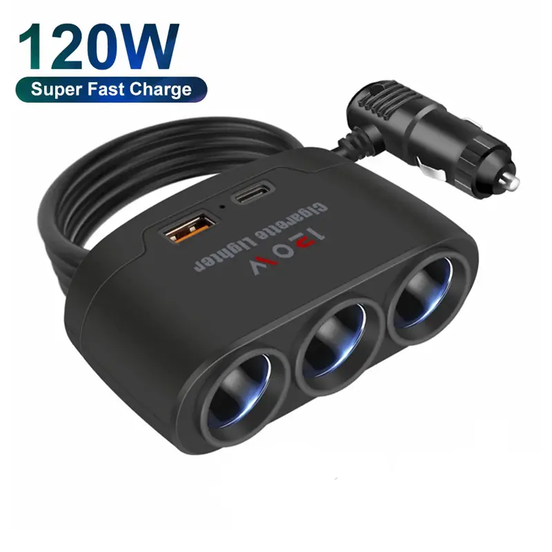 120W Output 3-in-1 Car Cigarette Lighter Splitter - Multi-Socket Car Charging Adapter with USB Type-C Fast Charger, 12V-24V Power Outlet for Phone, Dashcam, Compact