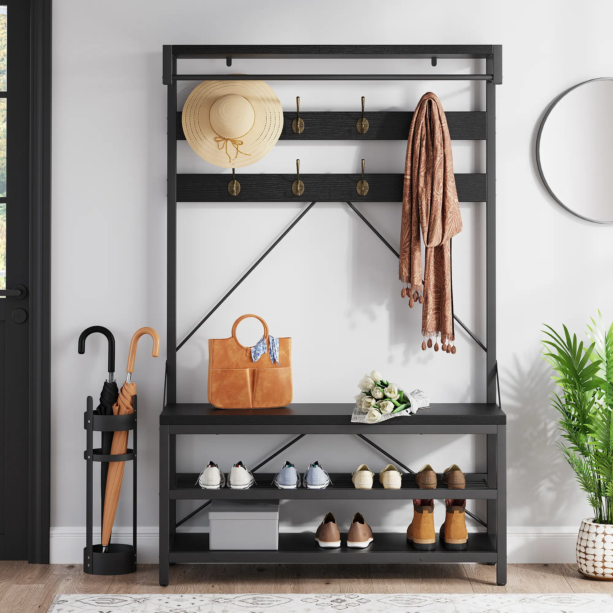 Industrial Hall Tree Coat Rack with 2-Tier Shoe Bench, 8 Hooks, Hanging Bar & Top Shelf – Metal Frame, Wood Look – Entryway Organizer for Hallway, Mudroom, Bedroom – Size: 39.9"x15.7"x72"