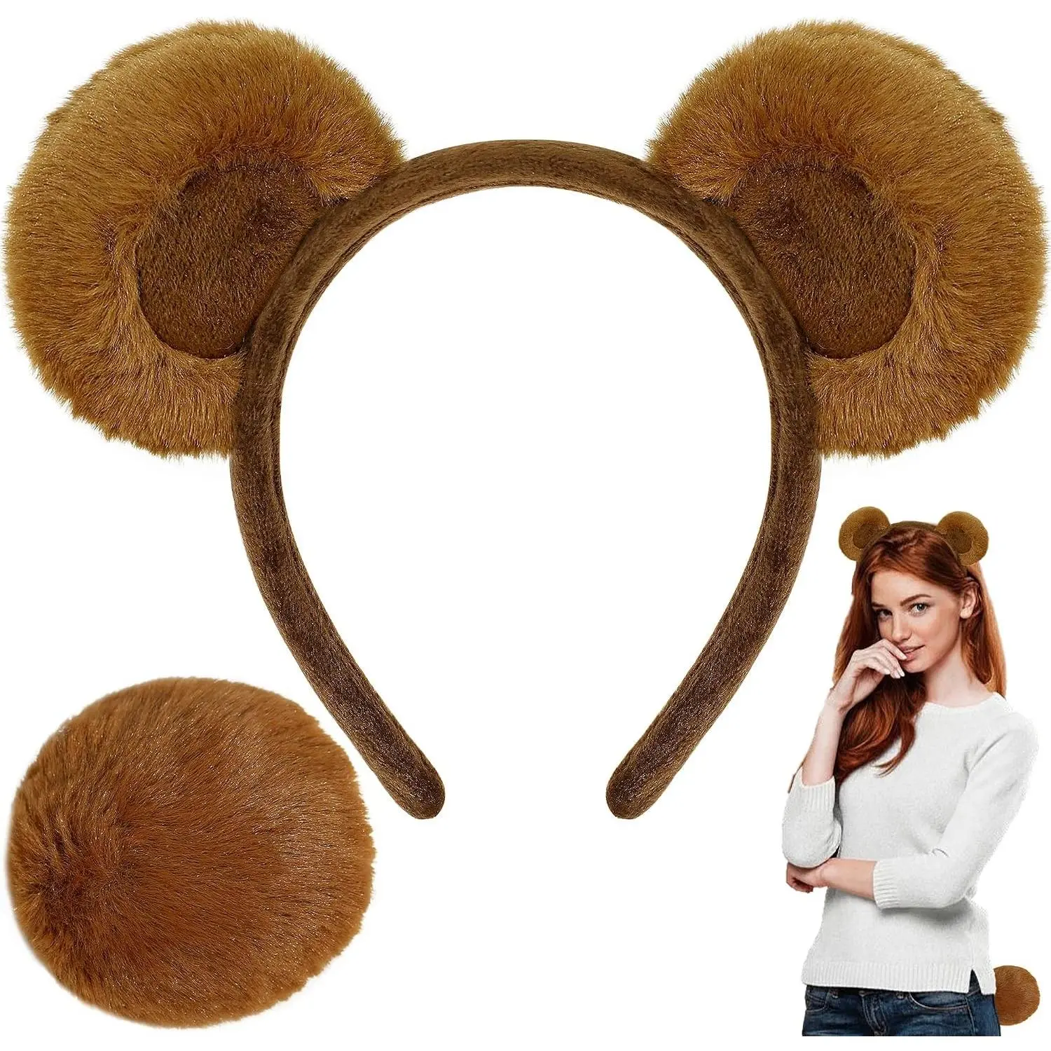 Bear Ears Headband and Tail Set, Brown Chipmunk Ears, Animal Costume Headwear Accessories for Adults Halloween Party(Gift)