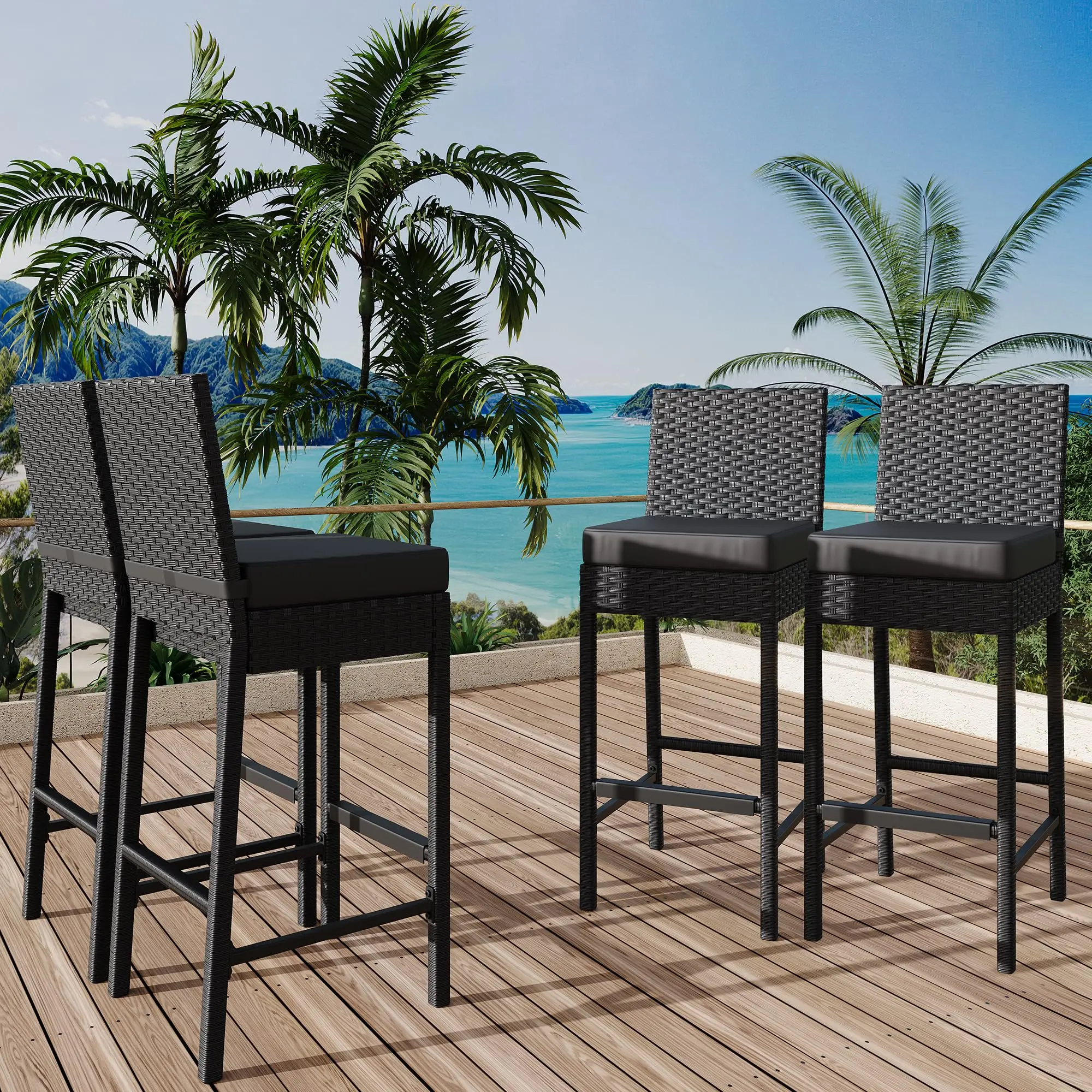 Woven rattan high bar gray 4 pieces black rattan