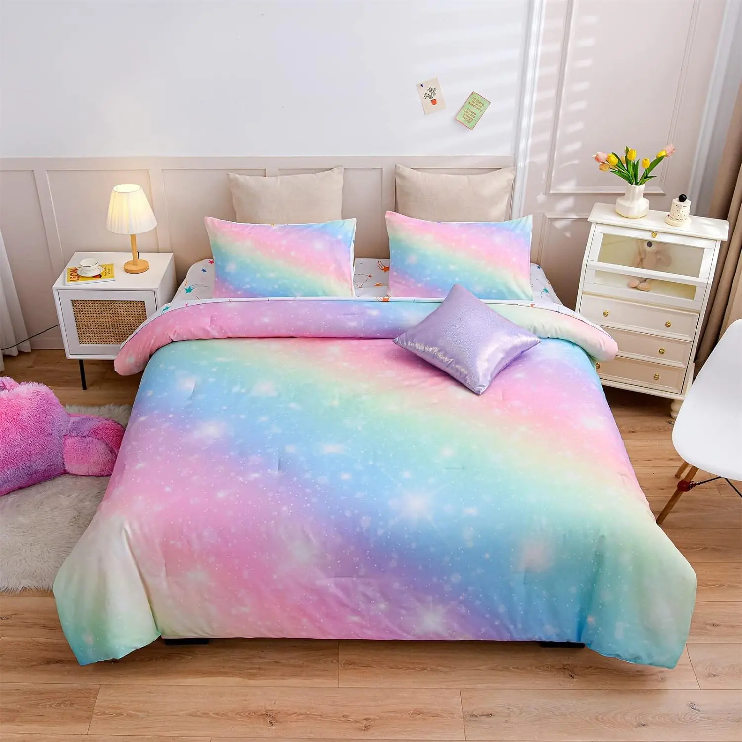 6Pcs Gradient Glitter Bedding Set for Girls Full Size, Colorful Rainbow Galaxy Comforter Set, Ultra Soft Bedding Sets, Pink