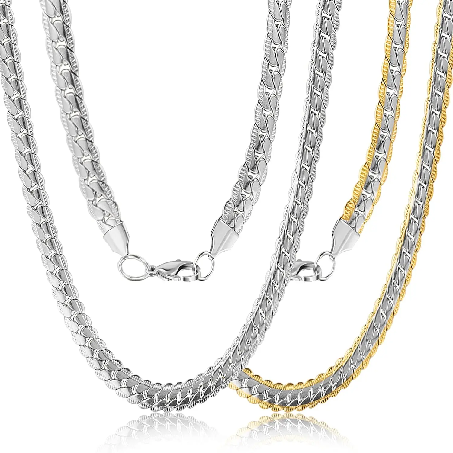 2Pcs Stainless Steel Chains for Men Women, Gold/Silver Embossed Herringbone Necklaces Chain, 4mm Width Mens Necklace Jewelry Gift