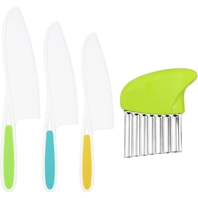 Kids Kitchen Knives, Nylon Toddler Knife Set with Crinkle Cutter, Kid Safe Knife for Real Cooking, Toddlers Friendly Knifes for Kitchen Cooking & Cutting Bread Vegetable Fruit Cake