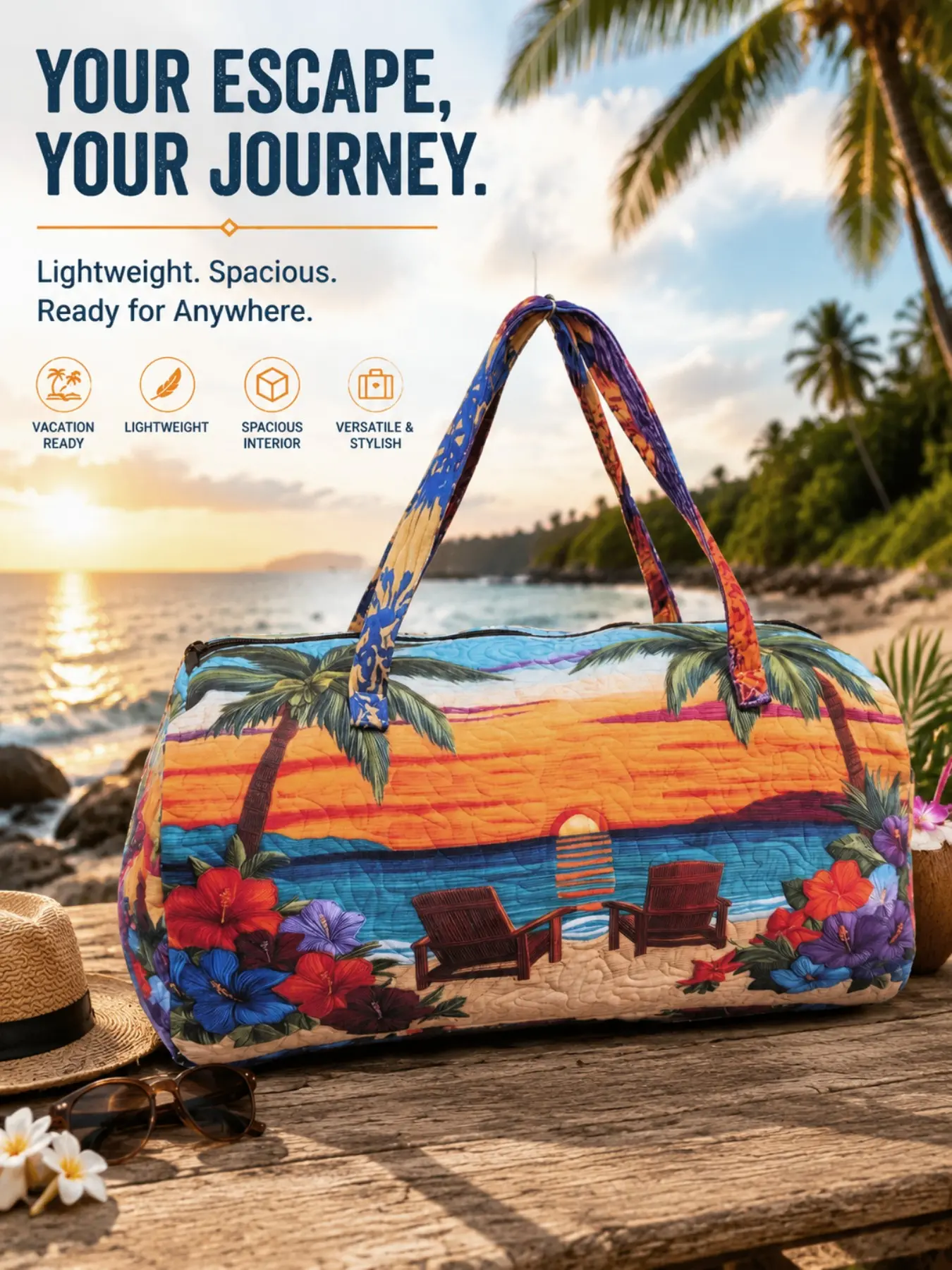 1 Piece Tropical Sunset Beach Palm Floral Print Duffle Weekender Bag, Reinforced Handles Smooth Zipper Large Capacity Tote for Beach Vacation, Camping, Gym & Short Trips