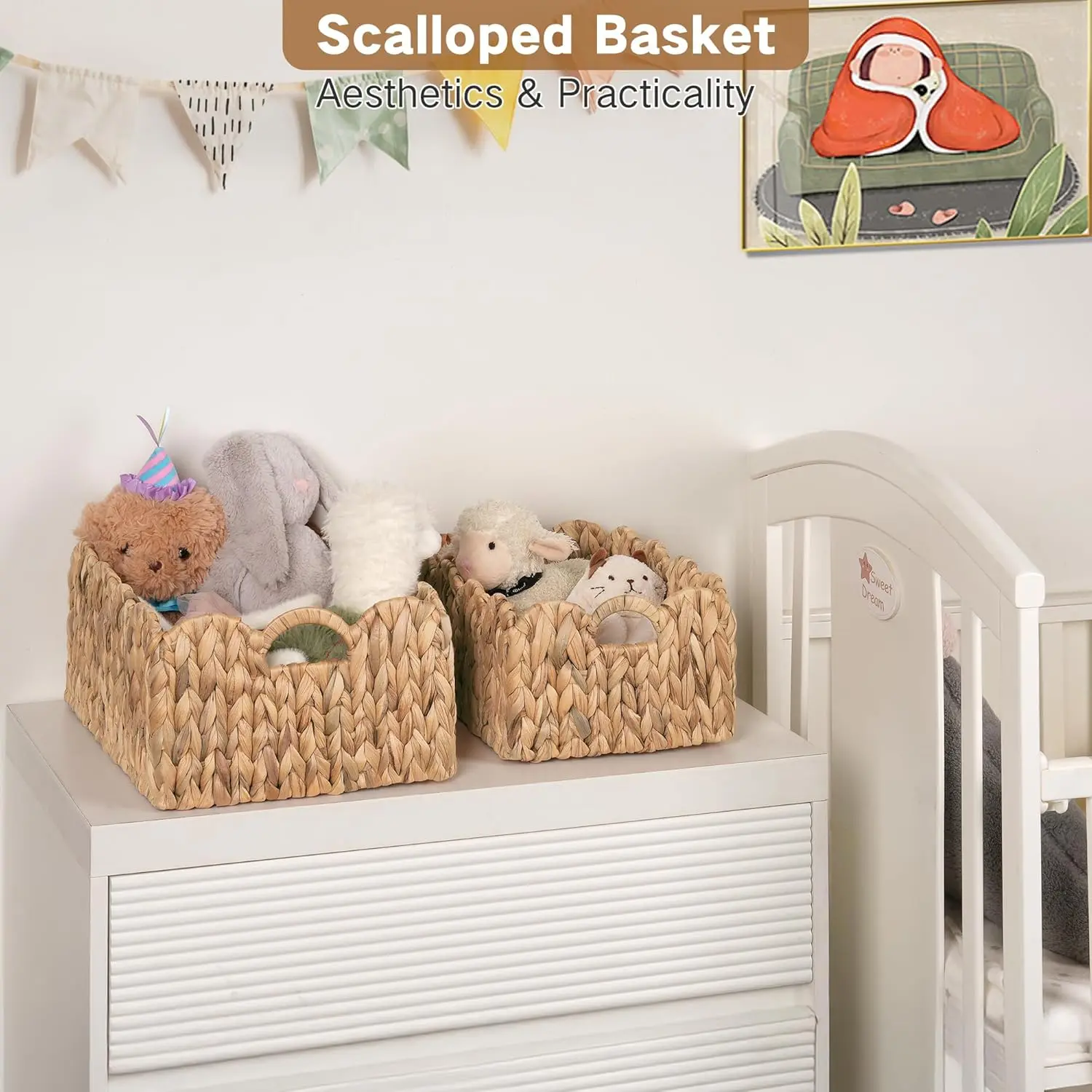 Scalloped Wicker Basket, Set of 2 Woven Rattan Natural Water Hyacinth Baskets with Built-in Handles, Rectangle Storage Baskets for Organizing, Decor, Shelf and Nursery Room