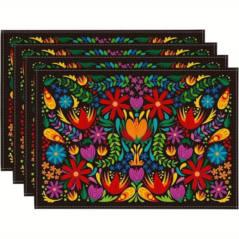 4 Pack Mexican Cinco De Mayo Table Mats 12x18 Inch Floral Pattern Placemat Festival Decor Dia De Los Muertos Washable Table Placemats Set of 4