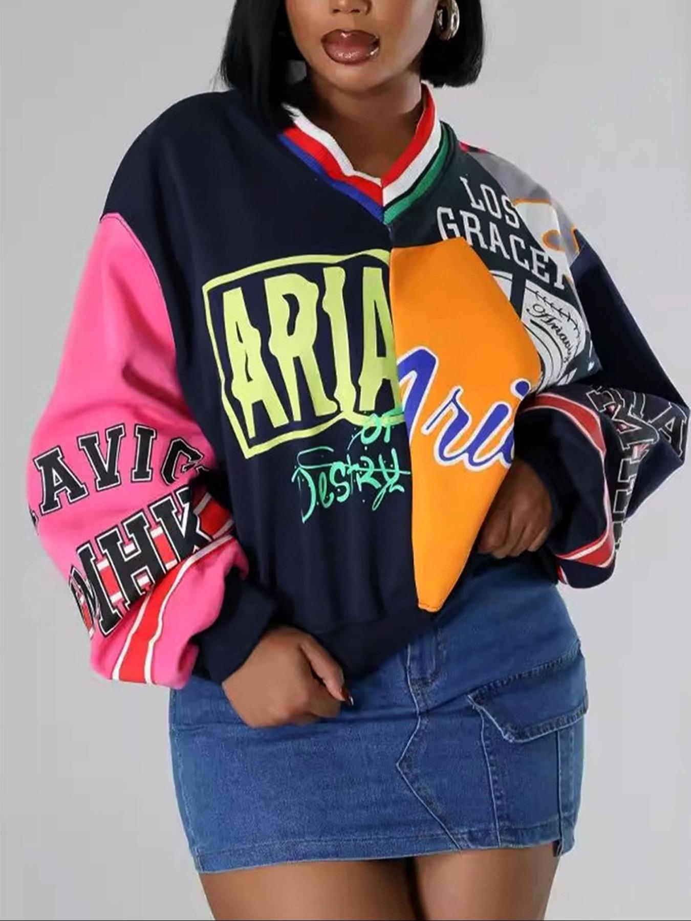 Women's Colorblock Letter Print Drop Shoulder Pullover, Fashion Casual V Neck Long Sleeve Sweatshirt for Daily Outdoor Wear, Women Fall & Winter Clothes, Womenswear