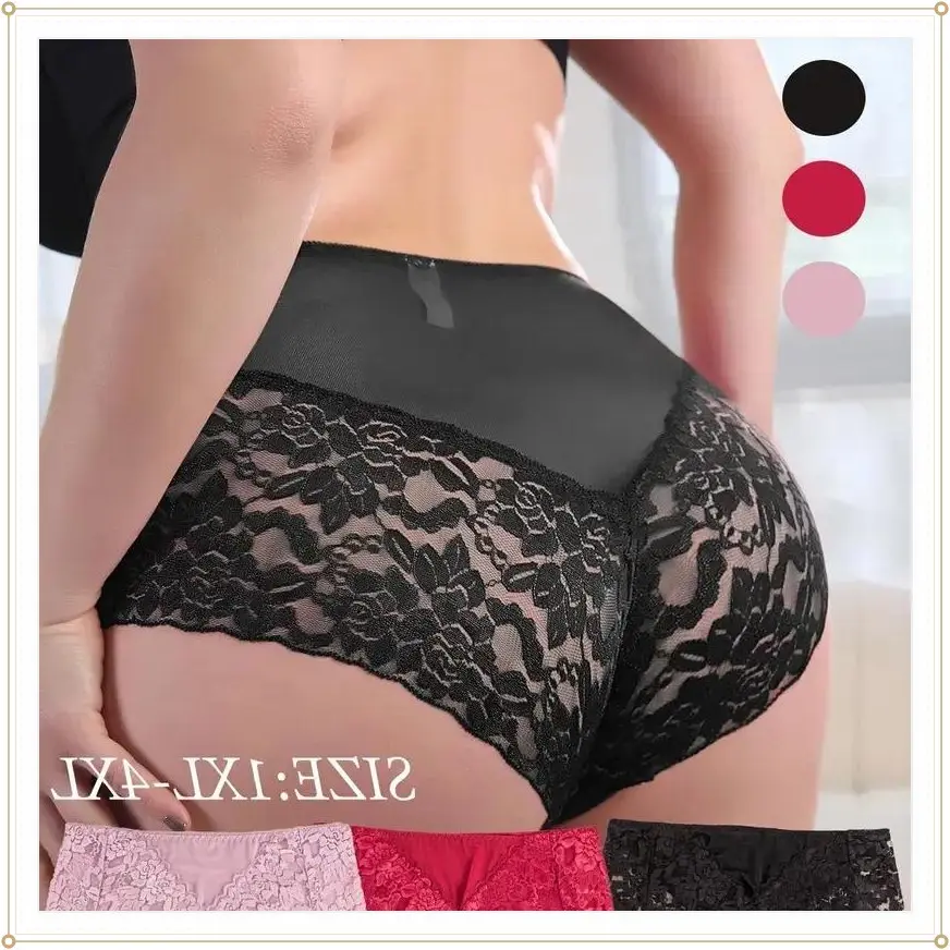 【Plus Size】 Solid Color Contrast Lace Panty, Breathable Comfortable High Waist Knicker for Daily Wear, Women's Underwear for All Seasons