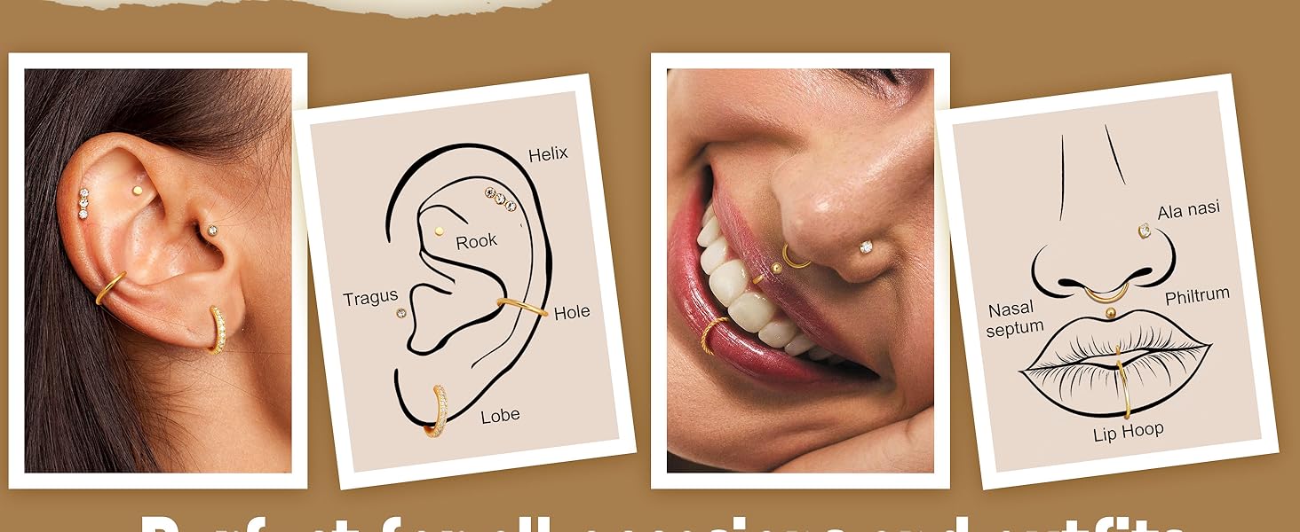 Hypoallergenic Stainless Steel Nose Rings Hoops, Rhinestone Design, Plain Pattern, 18g & 20g Sizes, Unisex Piercing Jewelry, 20pcs Set, Body Jewelry